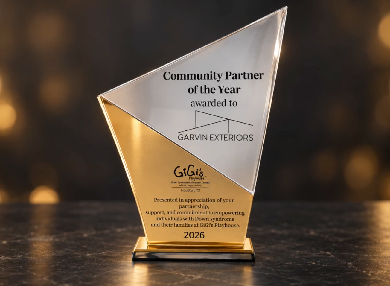 Garvin Exteriors 2026 Community Partner of the Year award from GiGi's Playhouse Houston